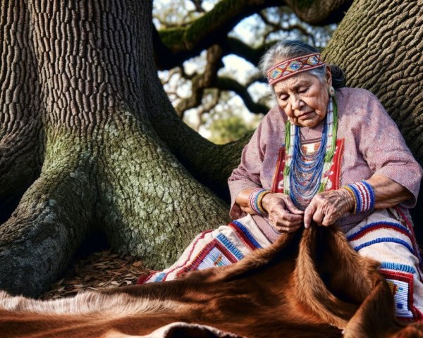 Elderly Woman in Traditional Attire Crafting by Tree Roots