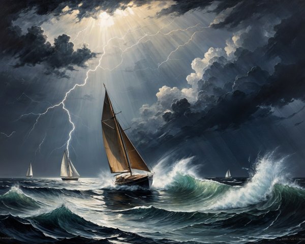 Dramatic Seascape of Sailboats in Turbulent Waters