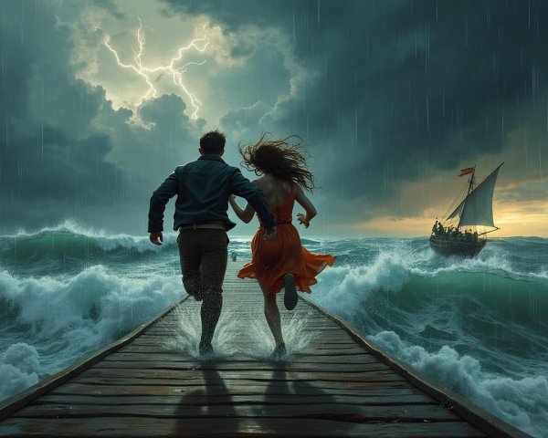 Couple Running on Pier Amidst Stormy Weather