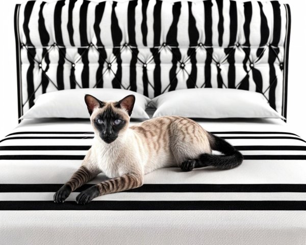 Modern Bedroom with Black and White Stripes and Cat