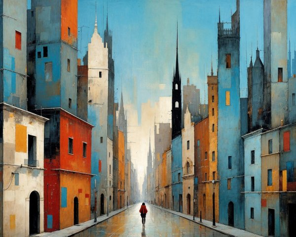 Colorful Cityscape with Reflections and Narrow Buildings