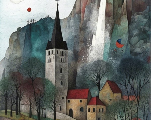 Whimsical Landscape with Church Steeple and Waterfall