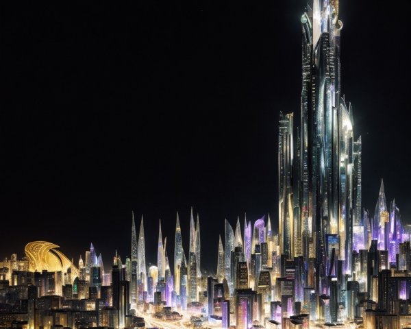 Futuristic cityscape with skyscrapers under starlit sky