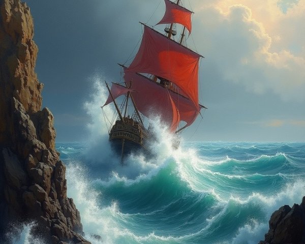 Majestic ship with red sails navigating stormy seas
