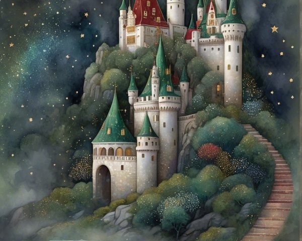 Whimsical Castle Watercolor Painting at Night