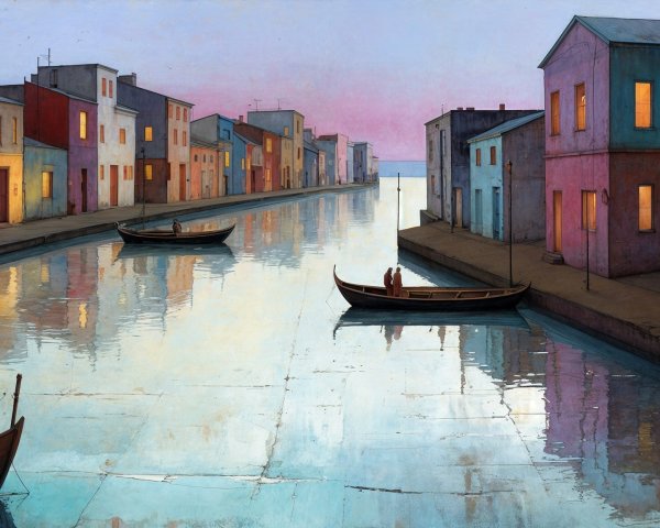 Twilight Scene of a Calm Canal with Colorful Buildings