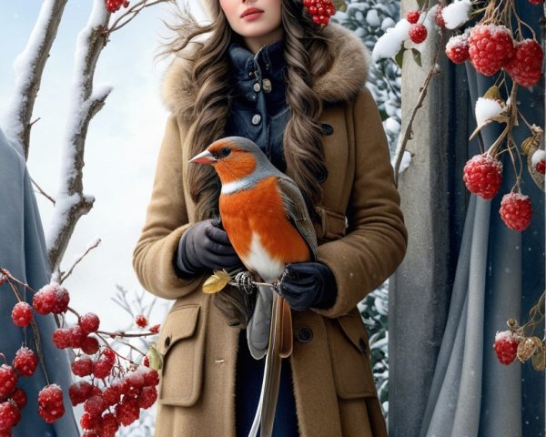 Young woman in winter coat with orange bird in snow