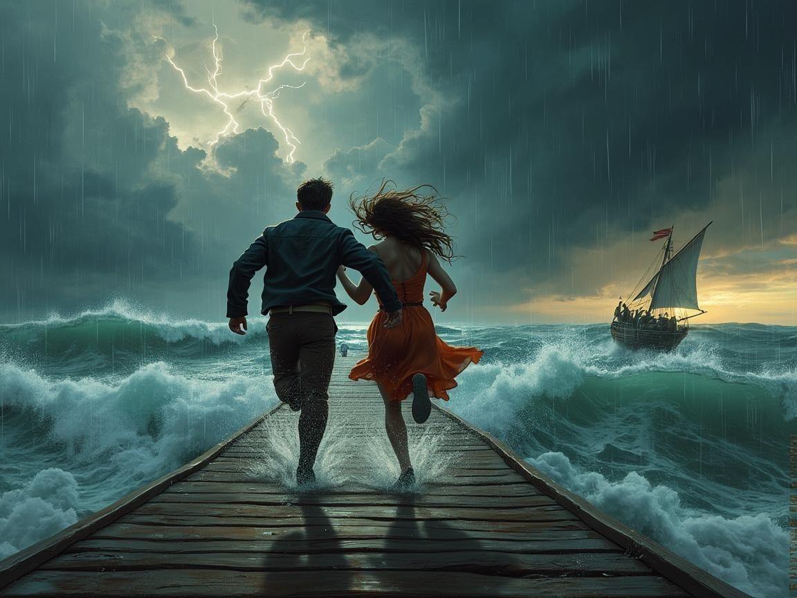 Couple Running on Pier Amidst Stormy Weather