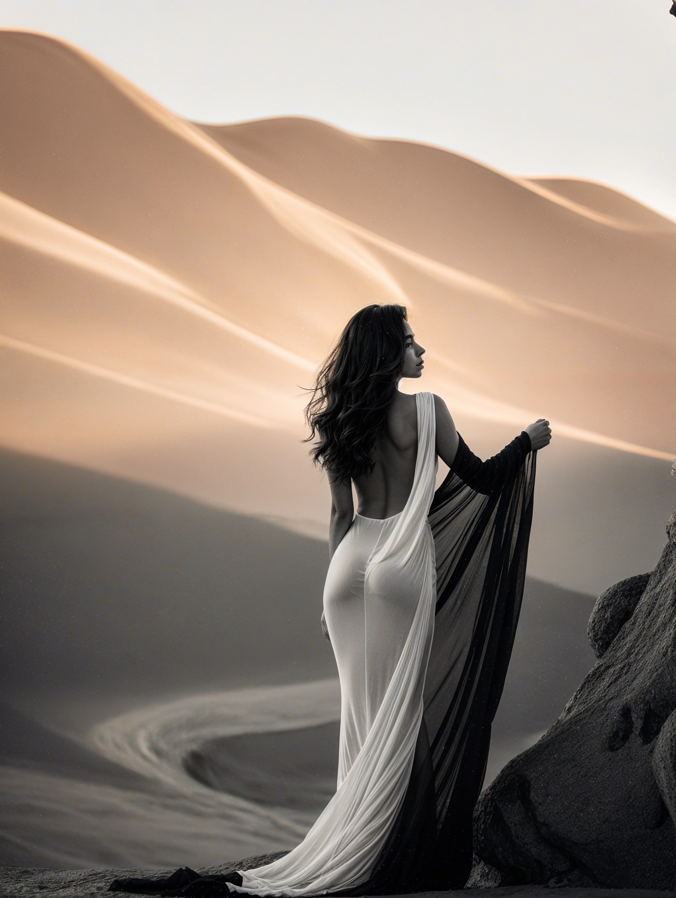Woman in elegant gown on serene sand dune landscape