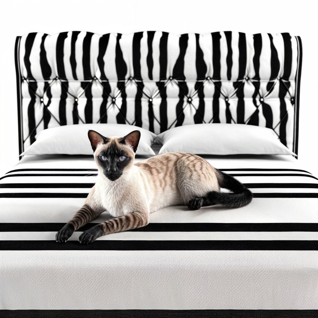 Modern Bedroom with Black and White Stripes and Cat