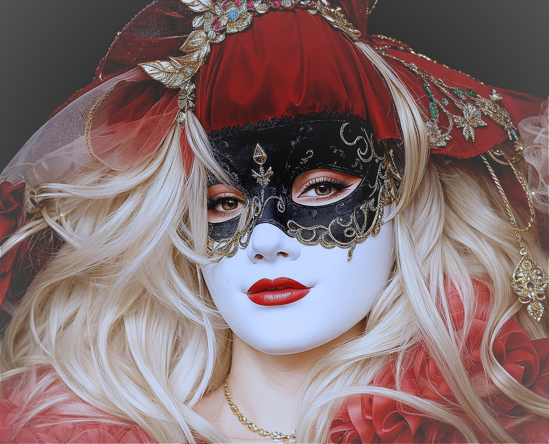 Blonde person in red and gold mask at masquerade.