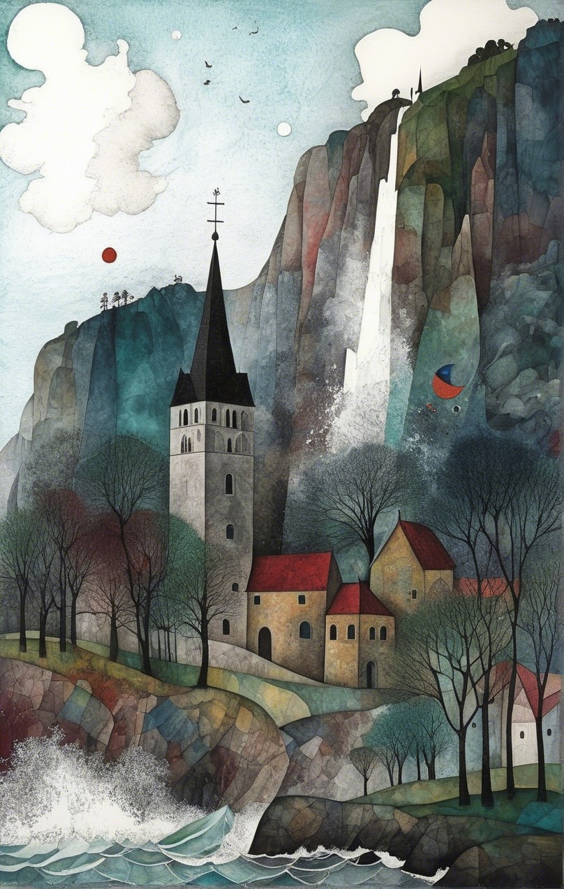 Whimsical Landscape with Church Steeple and Waterfall