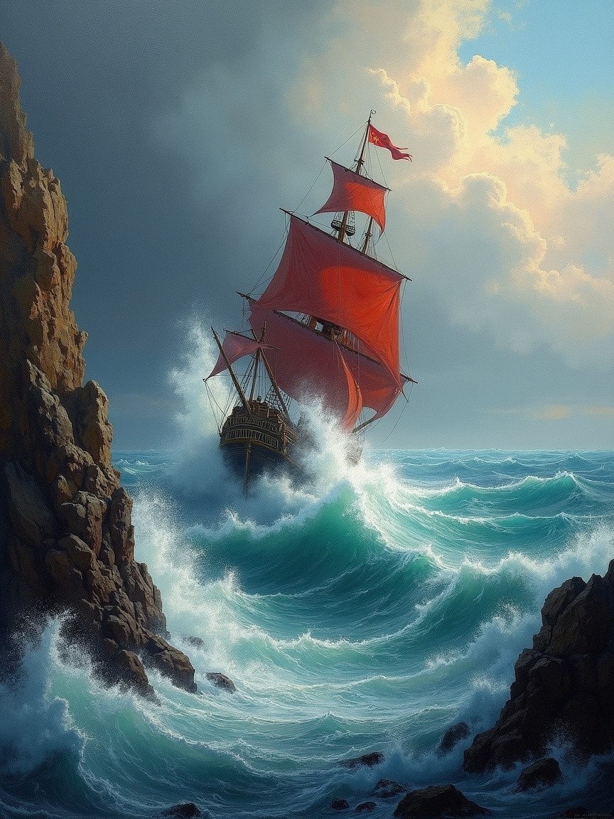 Majestic ship with red sails navigating stormy seas