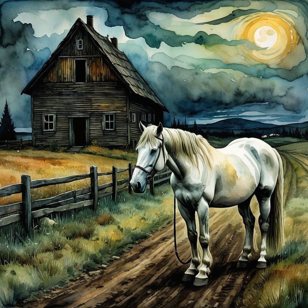 Serene Countryside Scene with White Horse and Moonlight