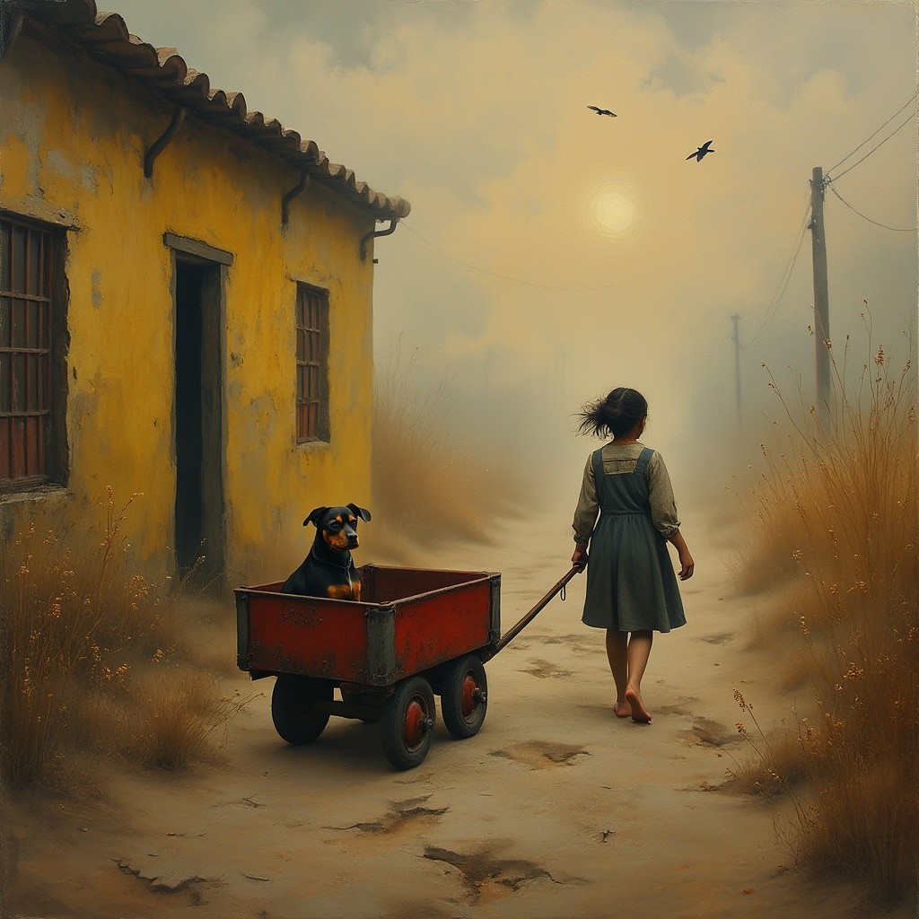 Young girl with dog in wagon on dusty path