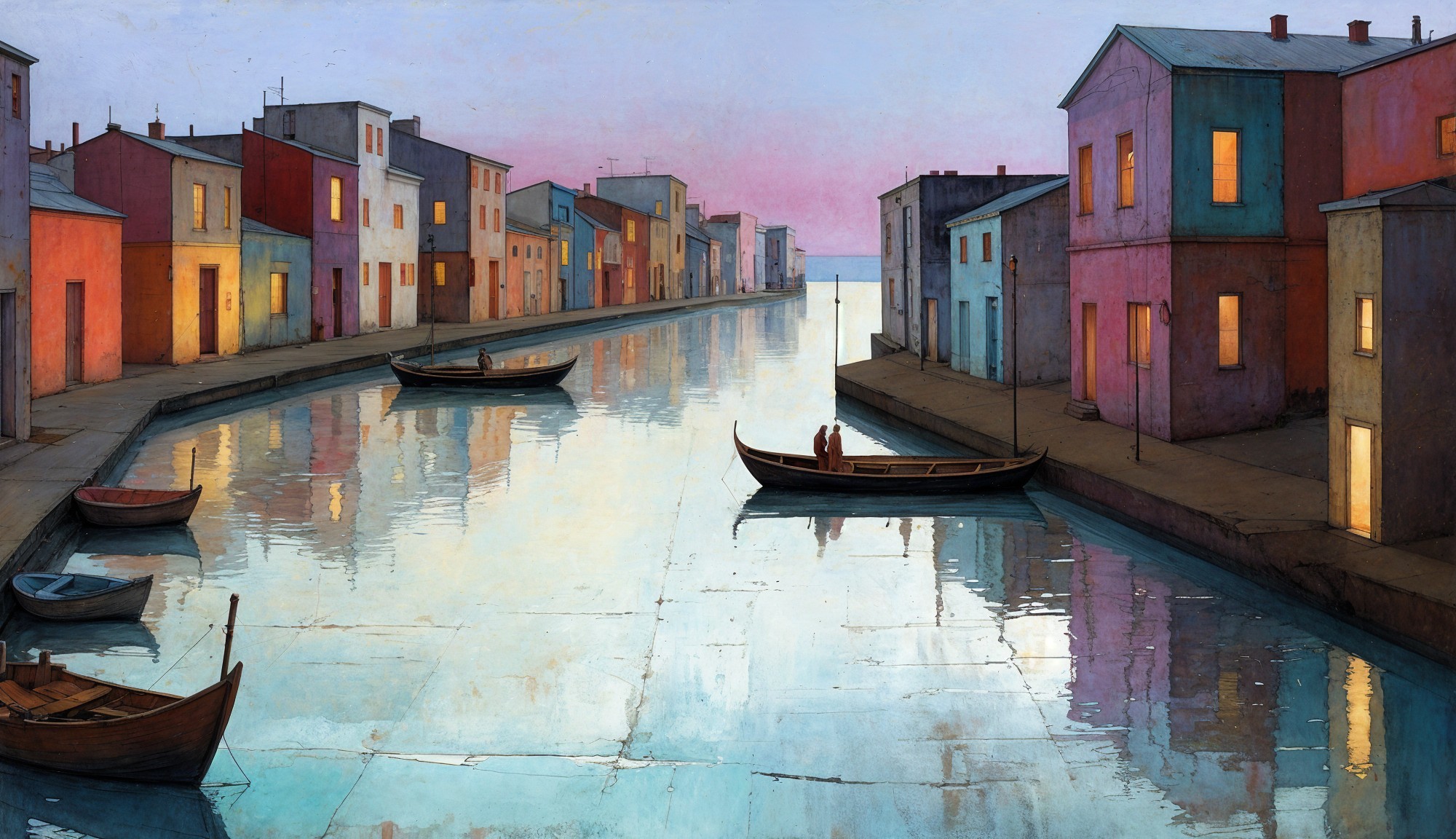 Twilight Scene of a Calm Canal with Colorful Buildings