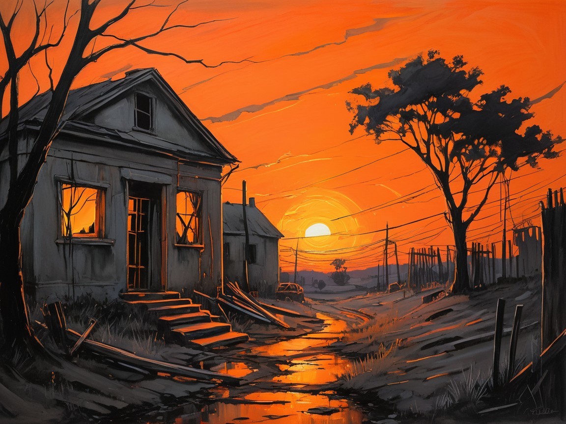Desolate Scene with Sunset Over Weathered House