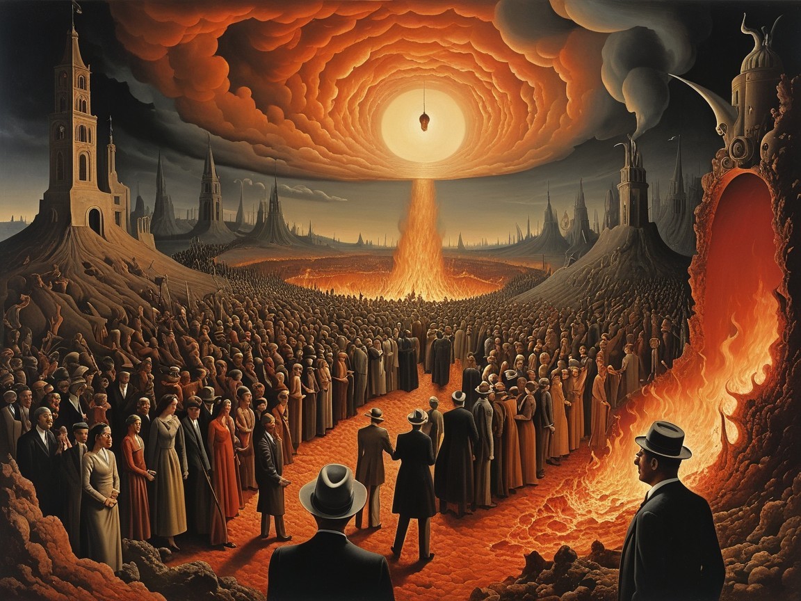 Surreal Dystopian Landscape with Ominous Crowd