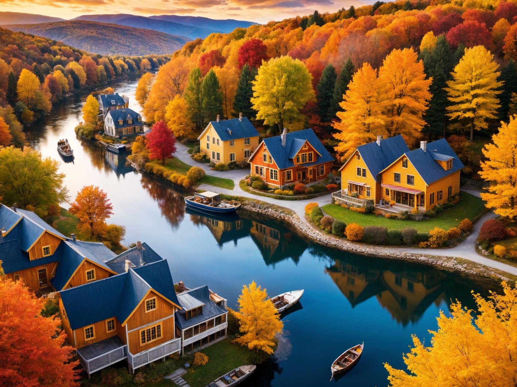Serene River Scene with Autumn Landscape and Houses