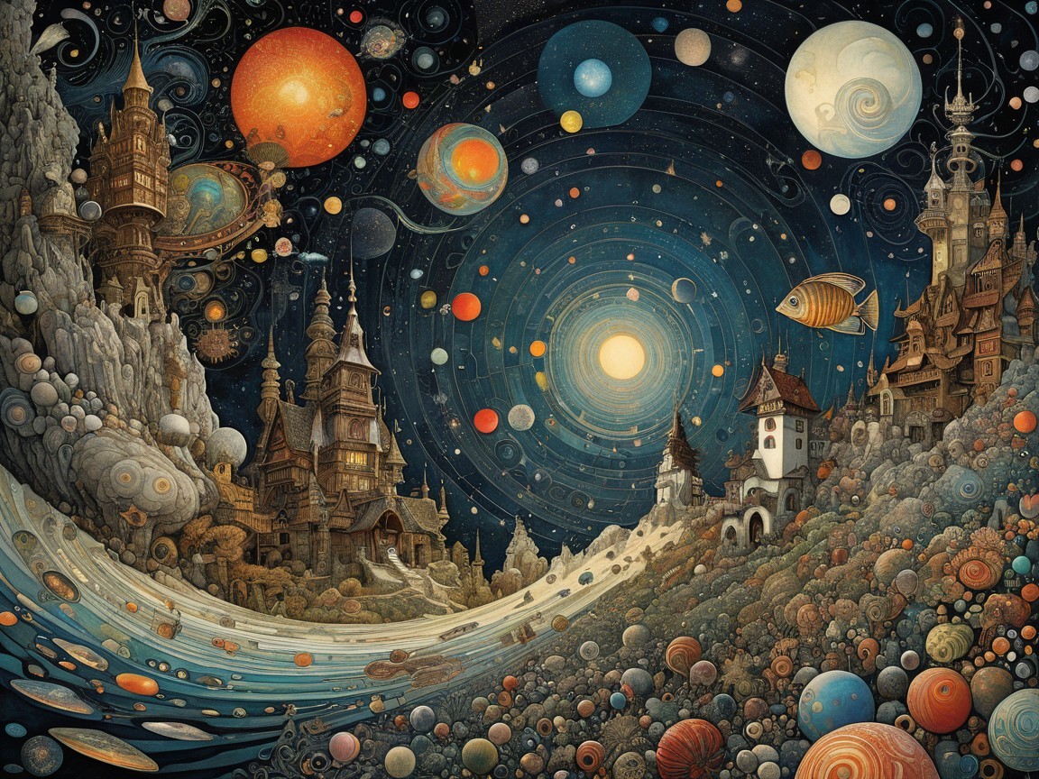 Surreal Fantasy Landscape with Cosmic Elements