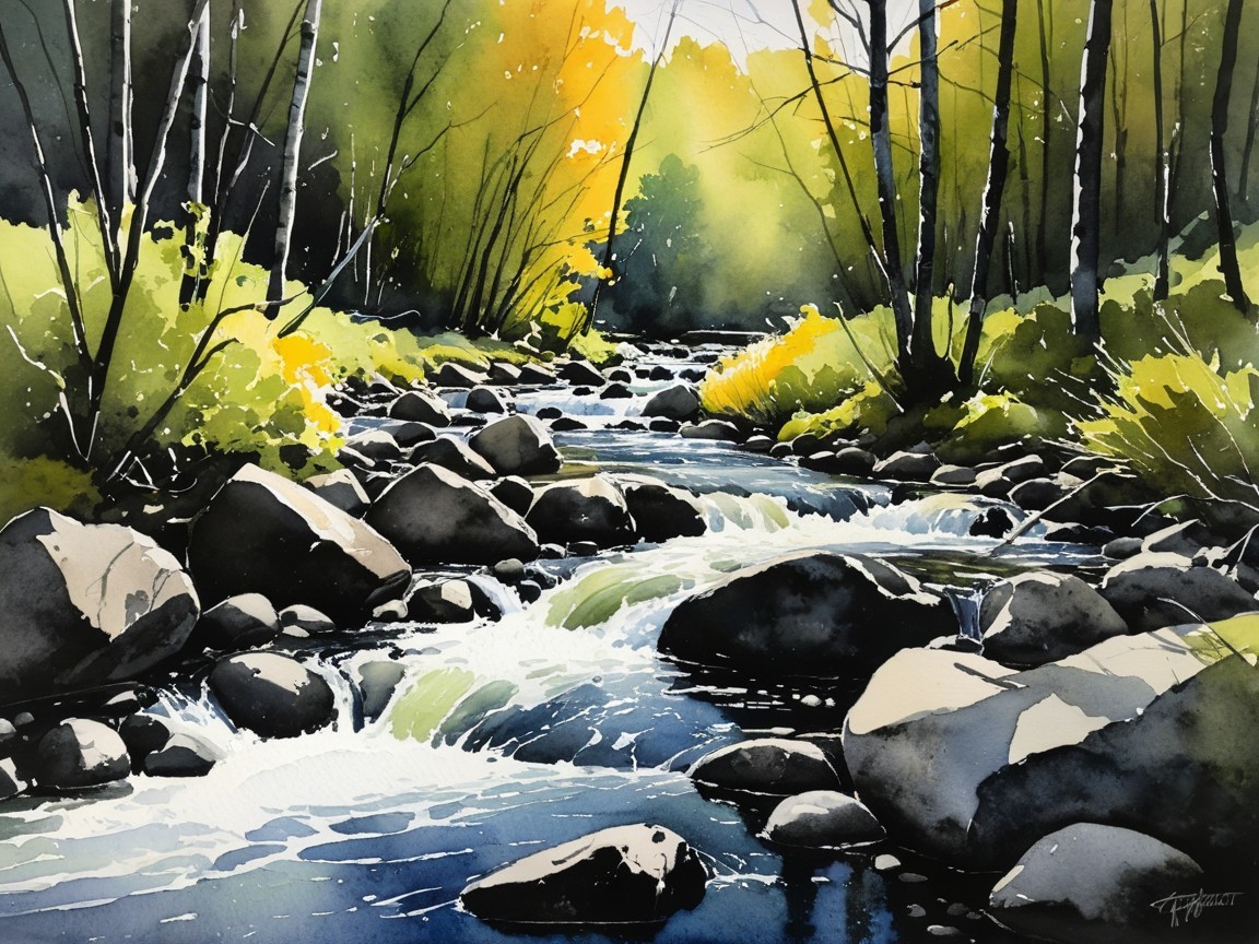 Watercolor Scene of River in Lush Forest Setting