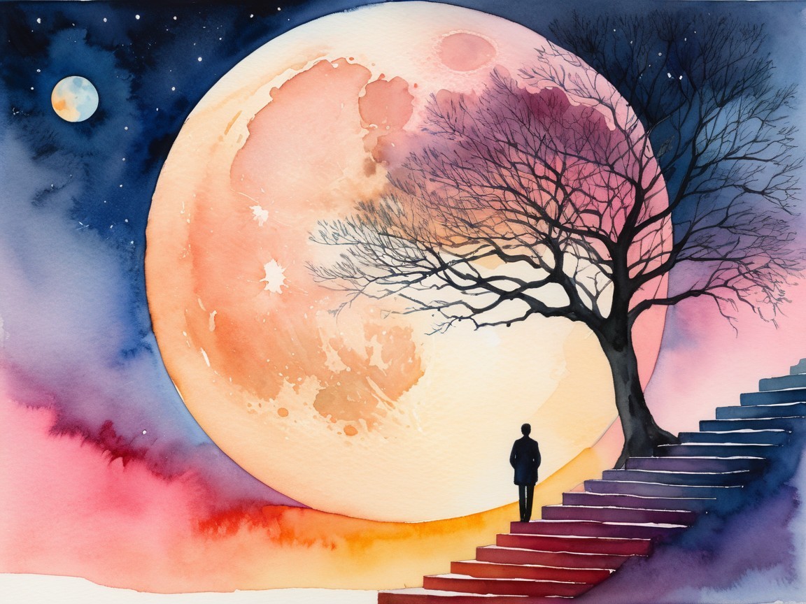 Serene landscape with glowing moon and starry sky