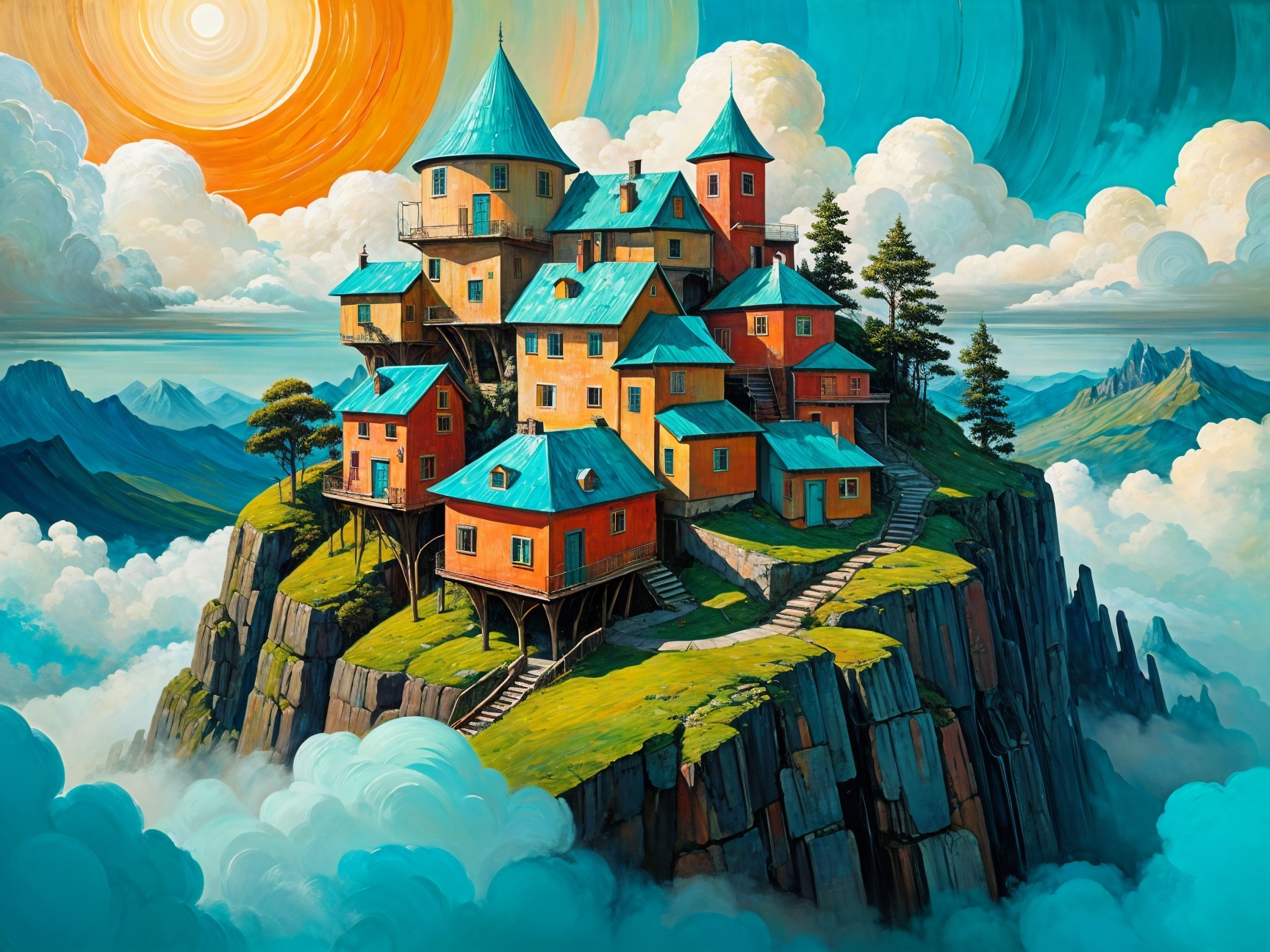 Colorful Houses on Rocky Cliff with Majestic Mountains