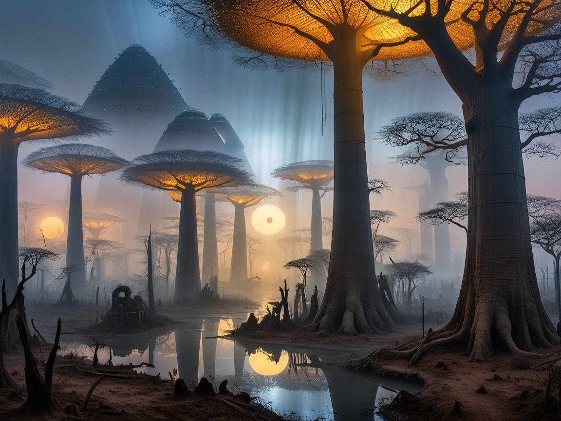 Mystical landscape with baobab trees and foggy ambiance