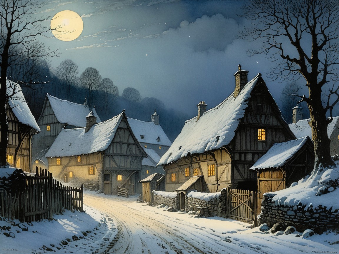 Winter Village Scene Under Full Moonlight