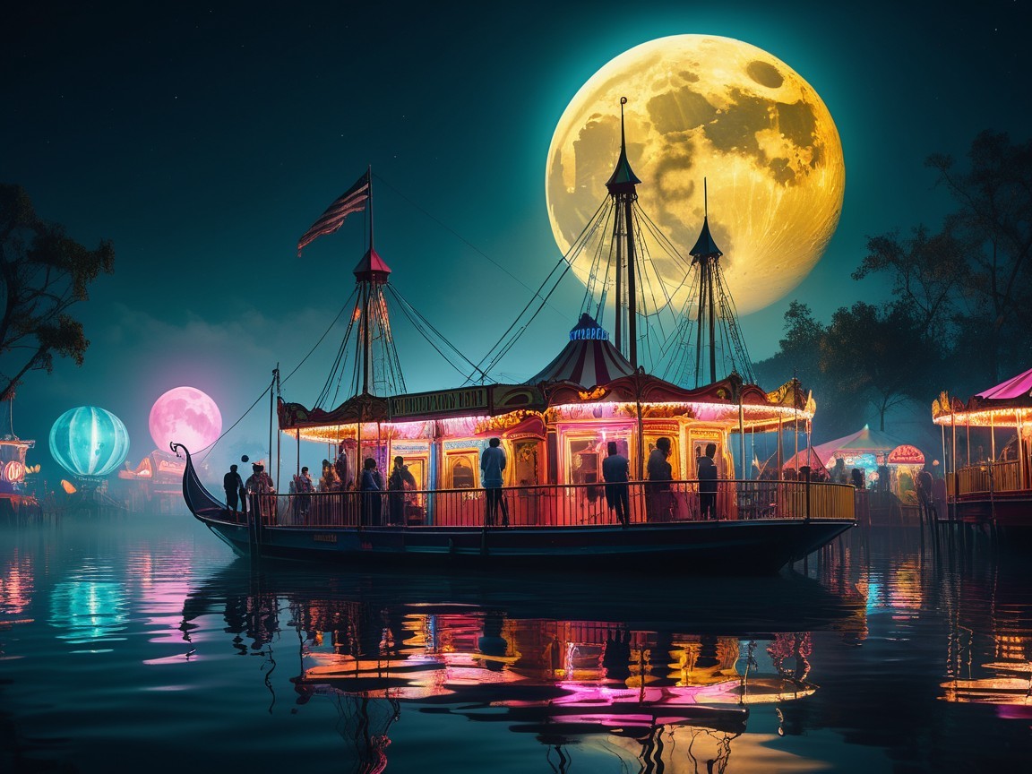 Whimsical Night Scene with Illuminated Carousel Boat