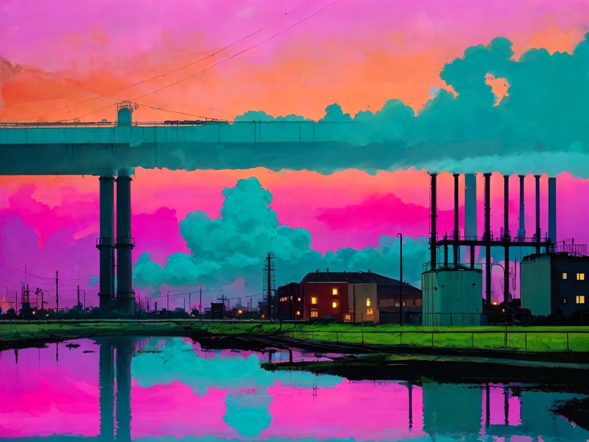 Vibrant Industrial Landscape with Dramatic Sky and Water