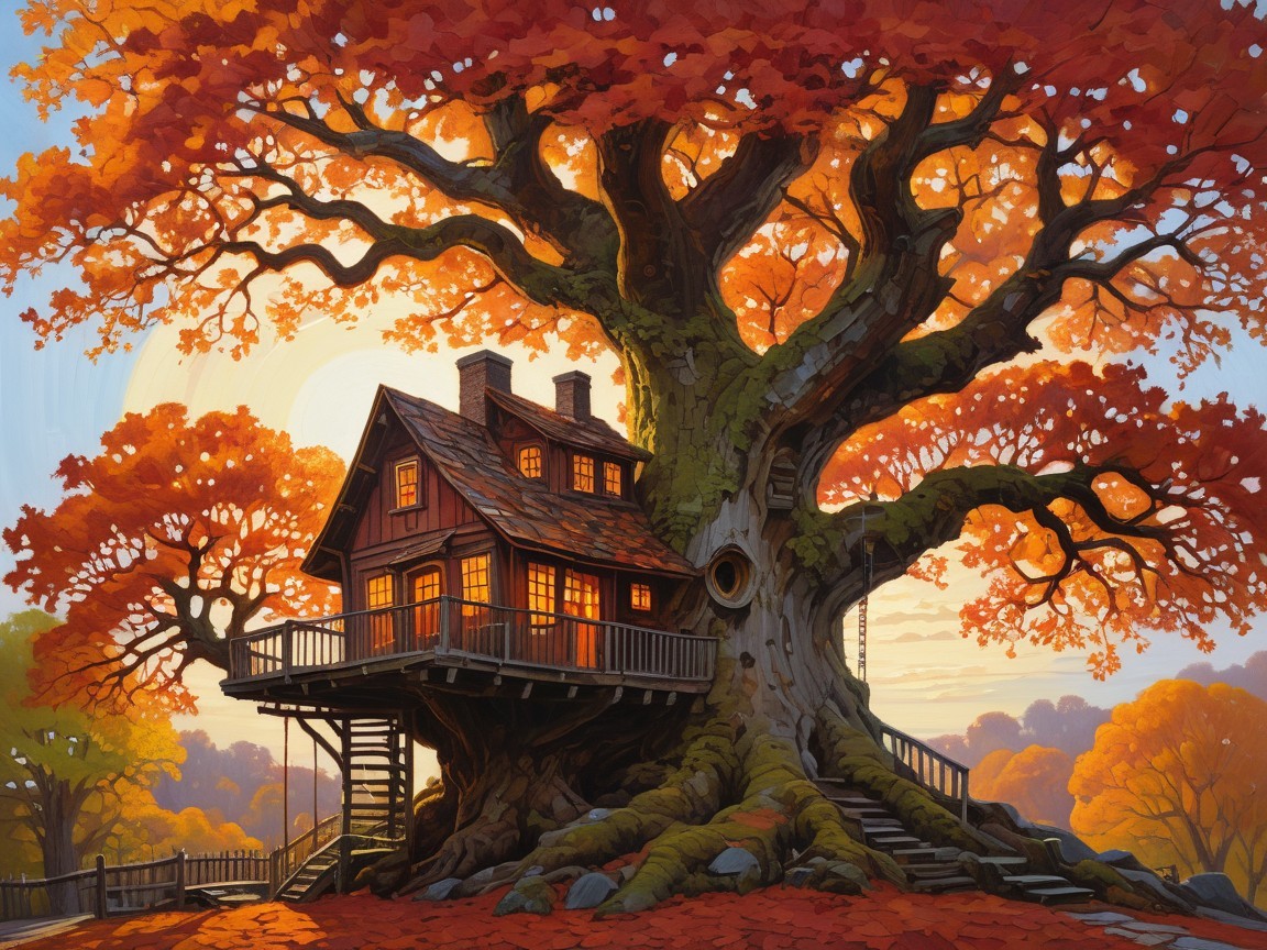 Whimsical Treehouse in an Autumn-Colored Tree