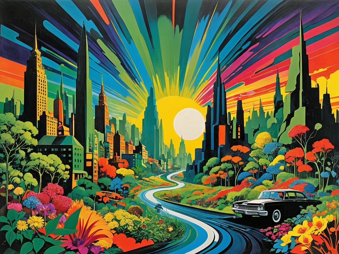 Vibrant Cityscape with Colorful Skyscrapers and Nature