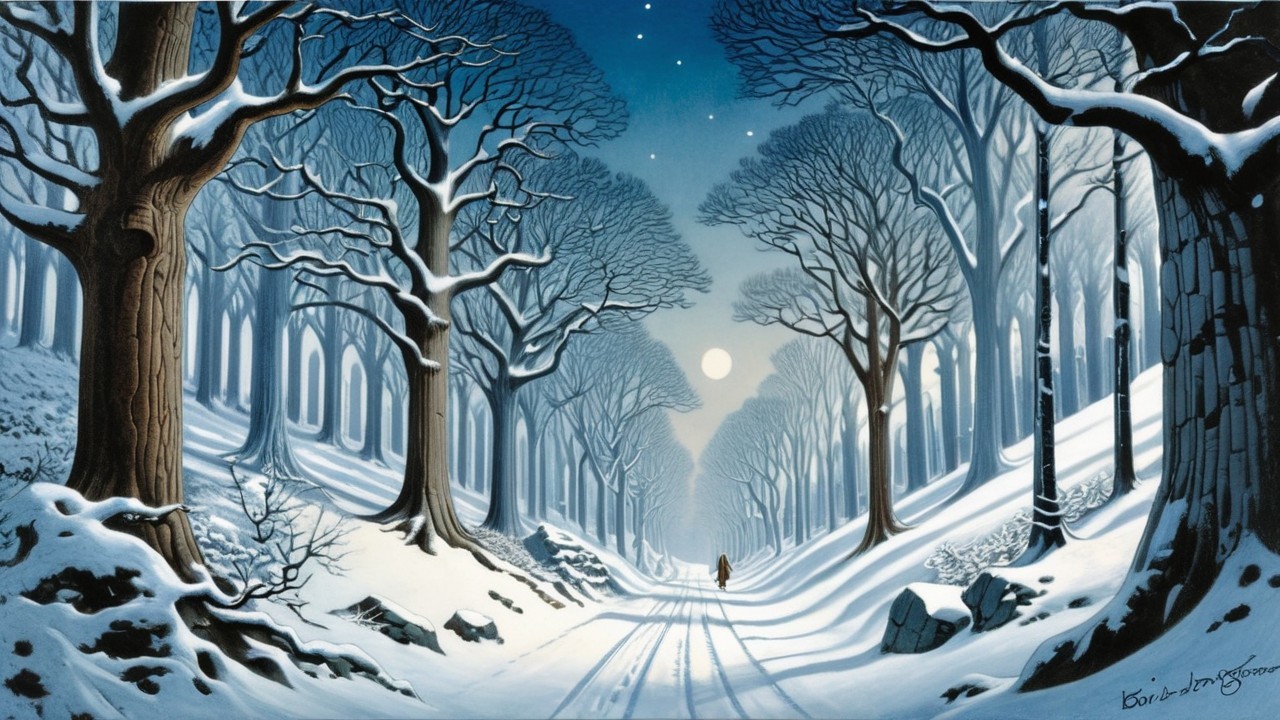 Snowy Winter Forest Scene with Moonlit Horizon
