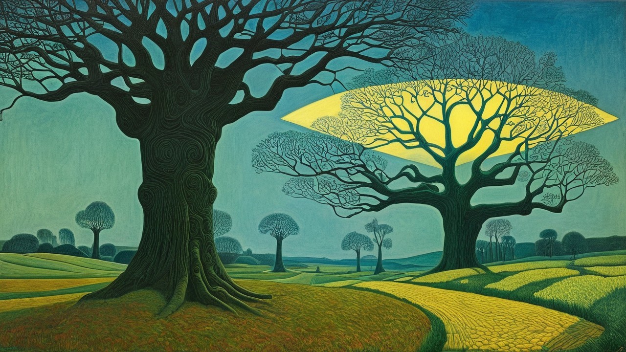 Surreal Landscape with Twisted Trees and Yellow Sky