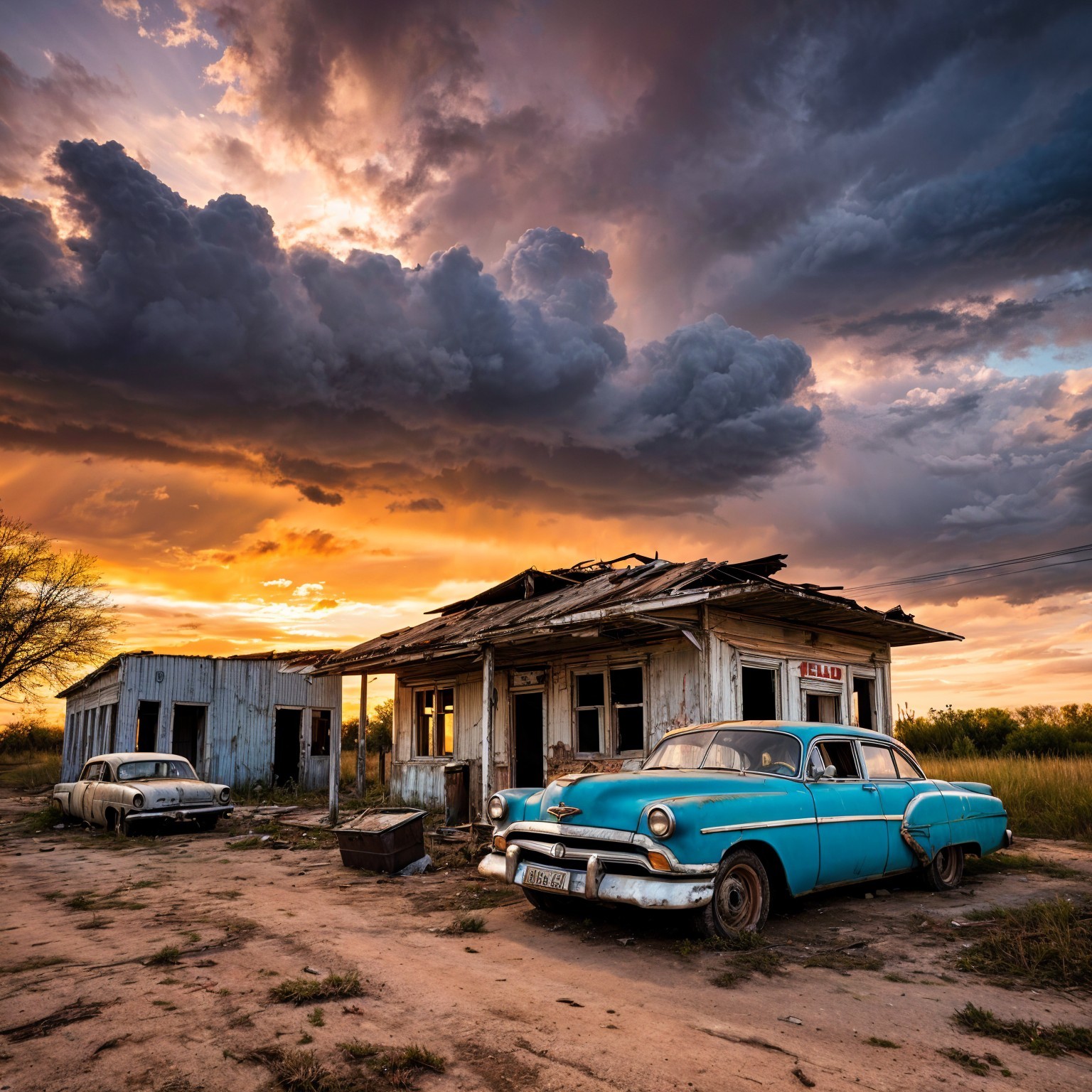 Abandoned Vintage Cars in a Desolate Landscape