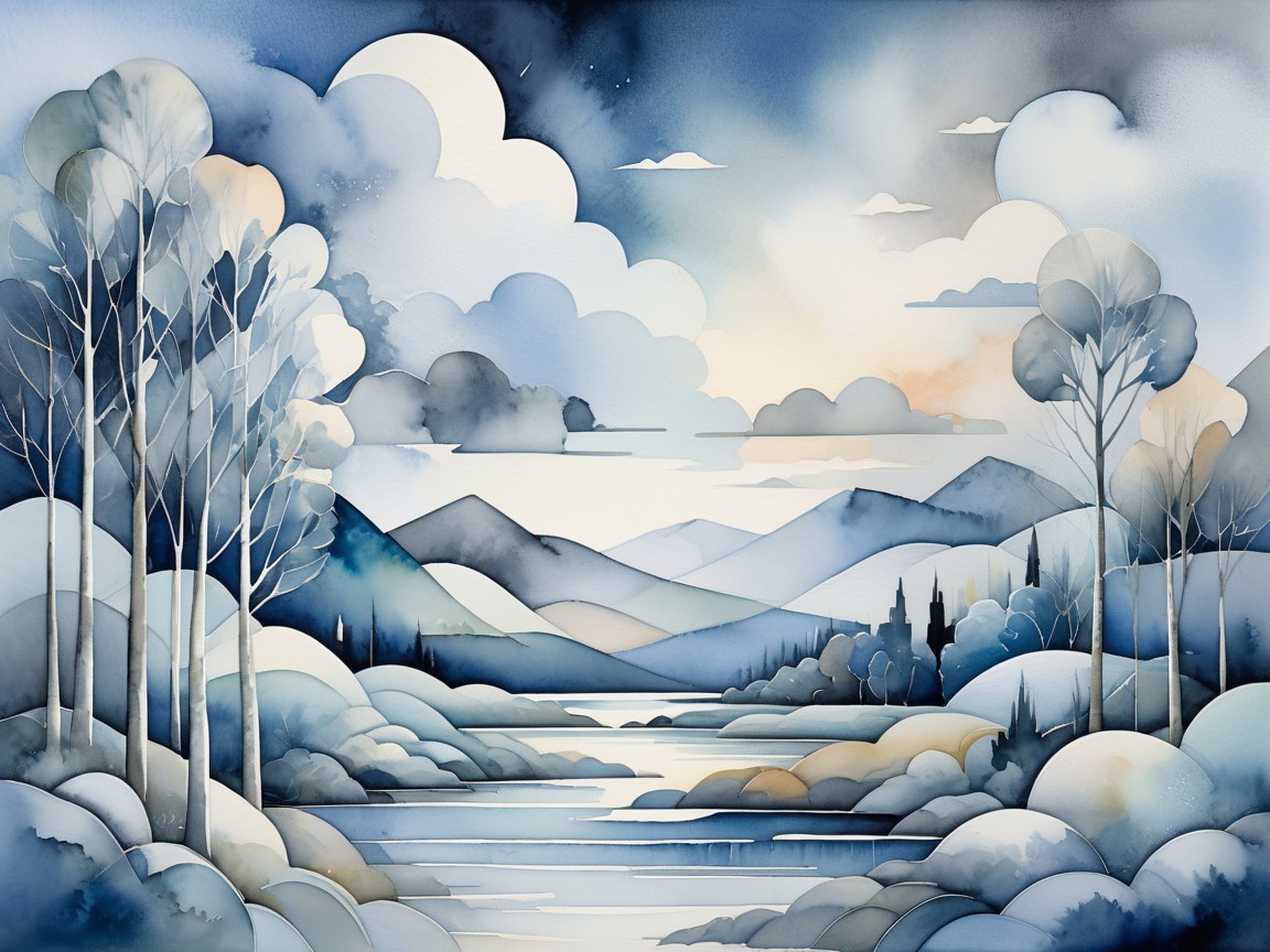 Serene landscape with trees, hills, and mountains