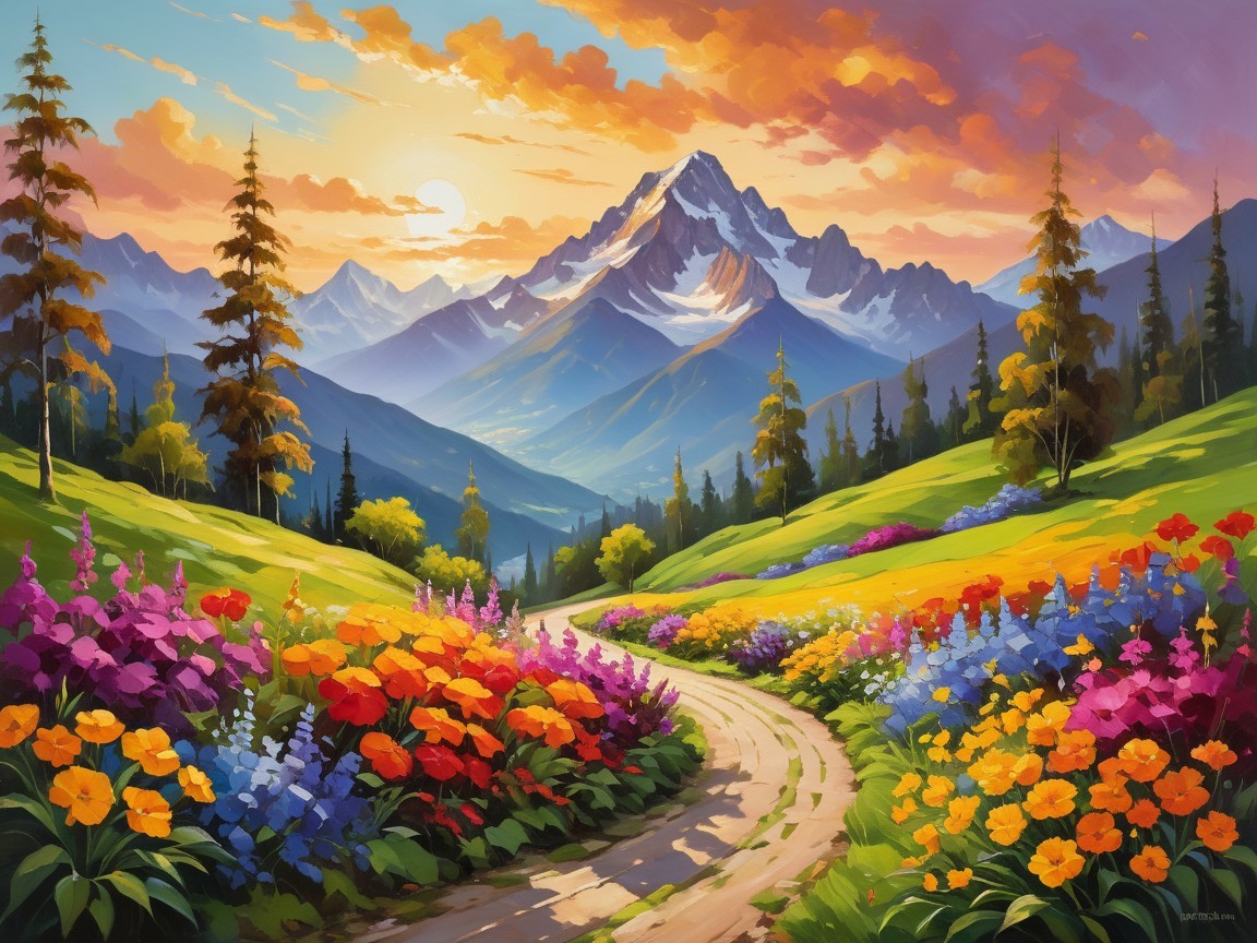 Vibrant Landscape with Winding Path and Colorful Flowers