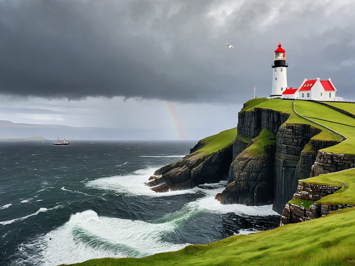 Lighthouse on Cliff with Stormy Sky and Rainbow