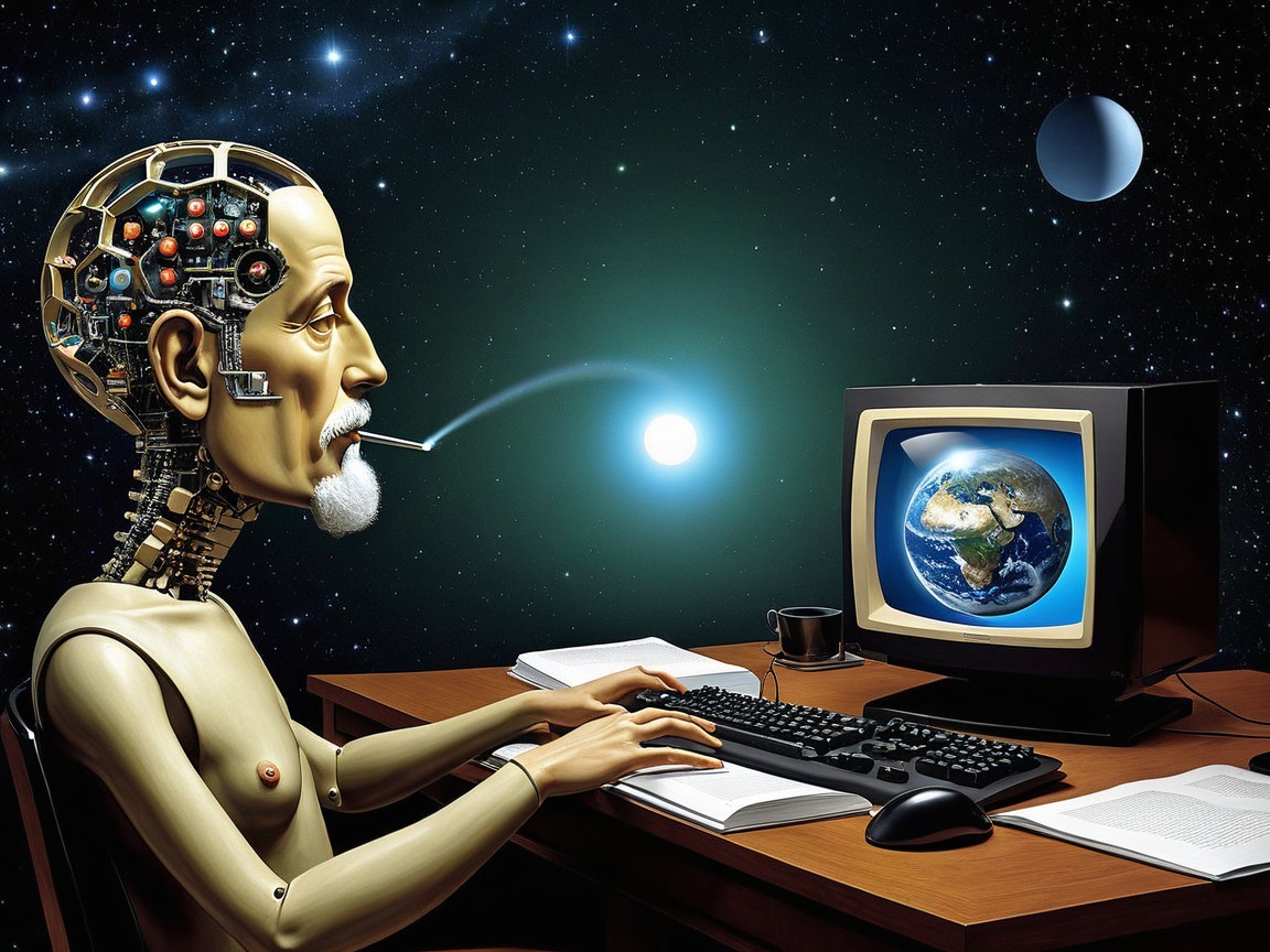 Humanoid Robot Typing at Desk with Cosmic Background