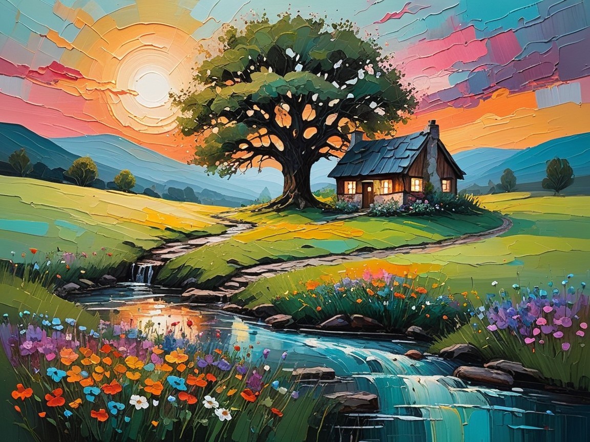 Cozy Cottage by Stream in Serene Sunset Landscape