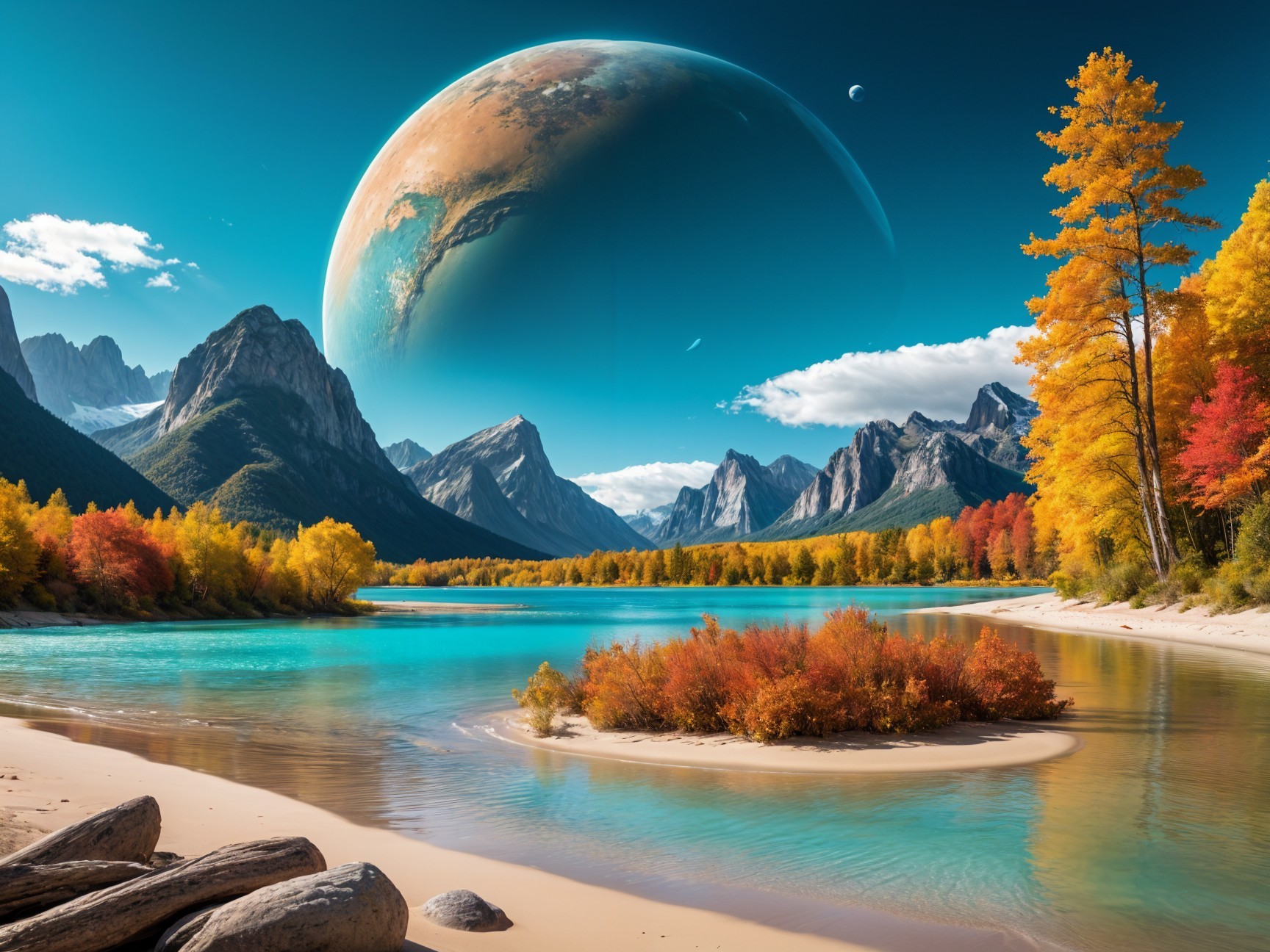 Tranquil River and Autumn Trees with Colorful Planet