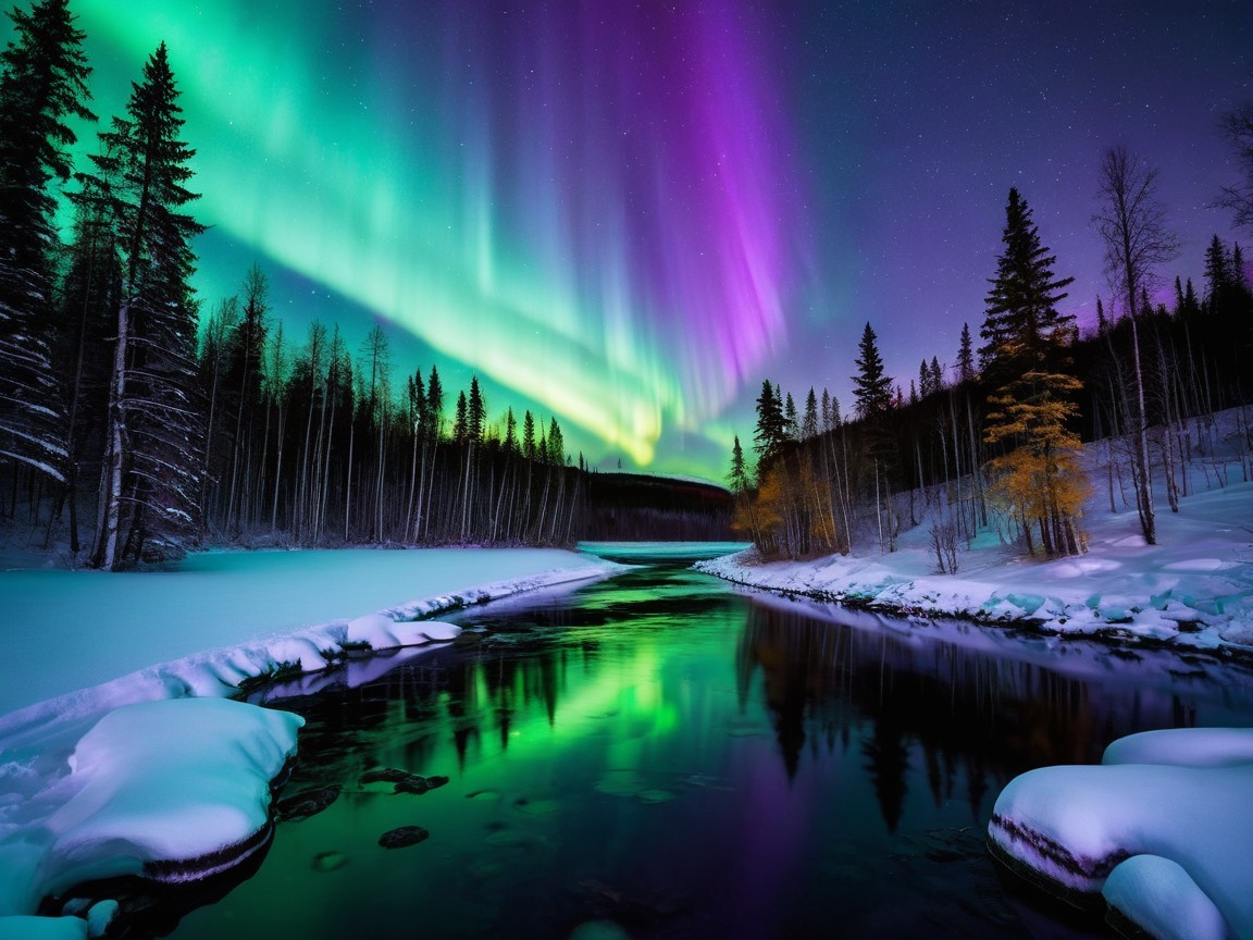 Aurora Borealis Over a Serene Winter Landscape