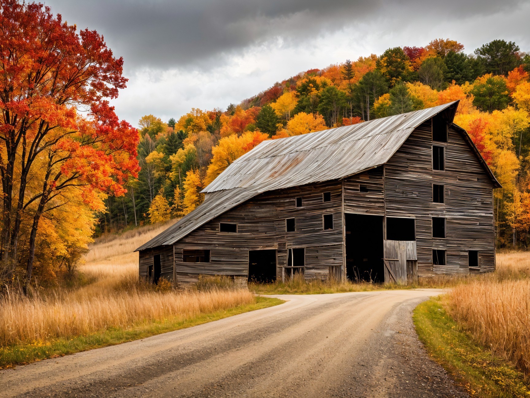 Rustic Barn Surrounded by Autumn Foliage and Grass