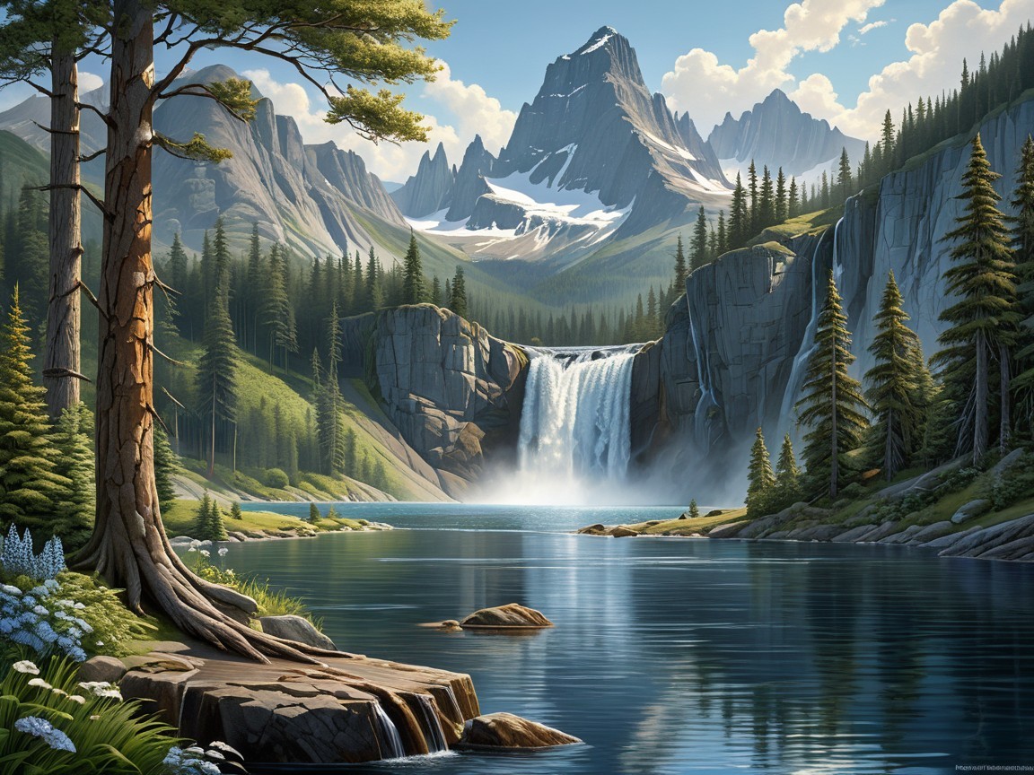 Majestic waterfall cascading into a clear lake landscape