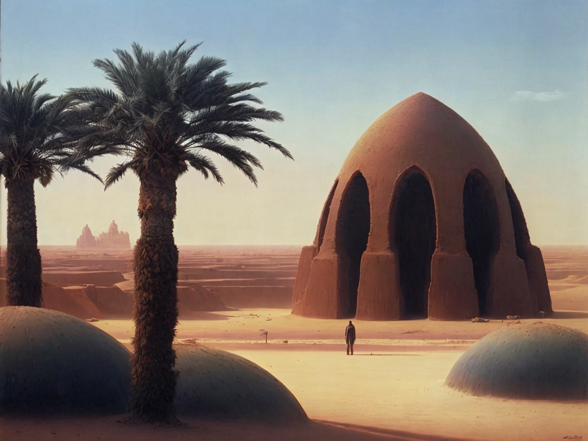 Desert Landscape with Dome Structure and Solitary Figure