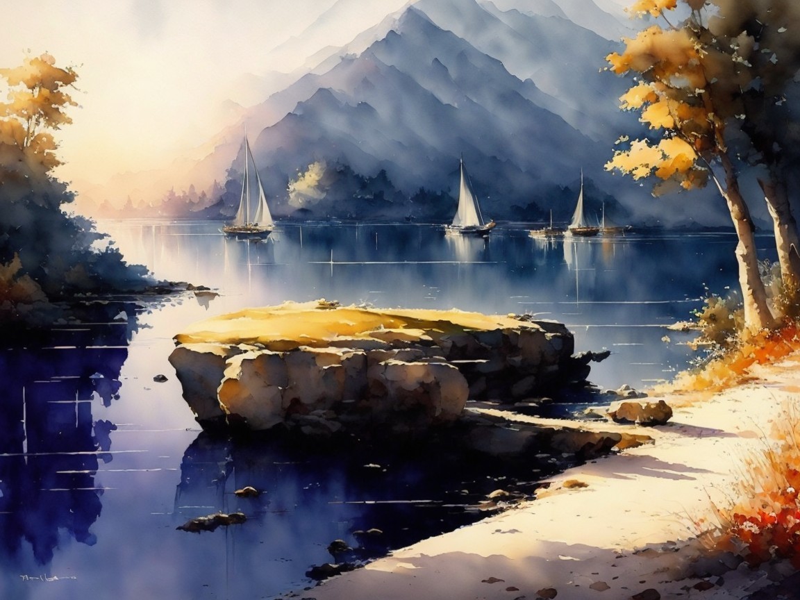 Serene Lakeside Scene with Boats and Autumn Trees