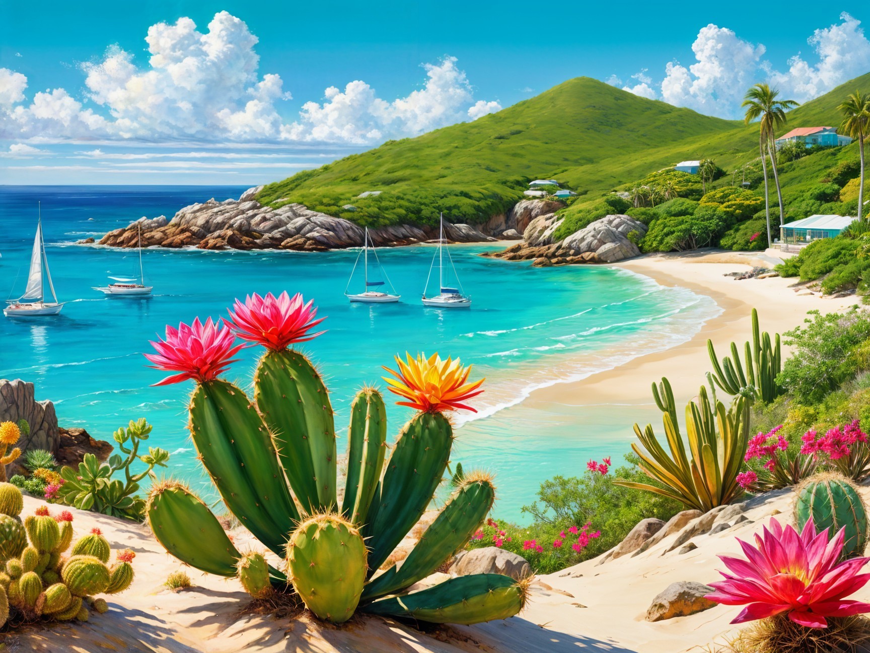 Vibrant Tropical Beach with Turquoise Waters and Hills