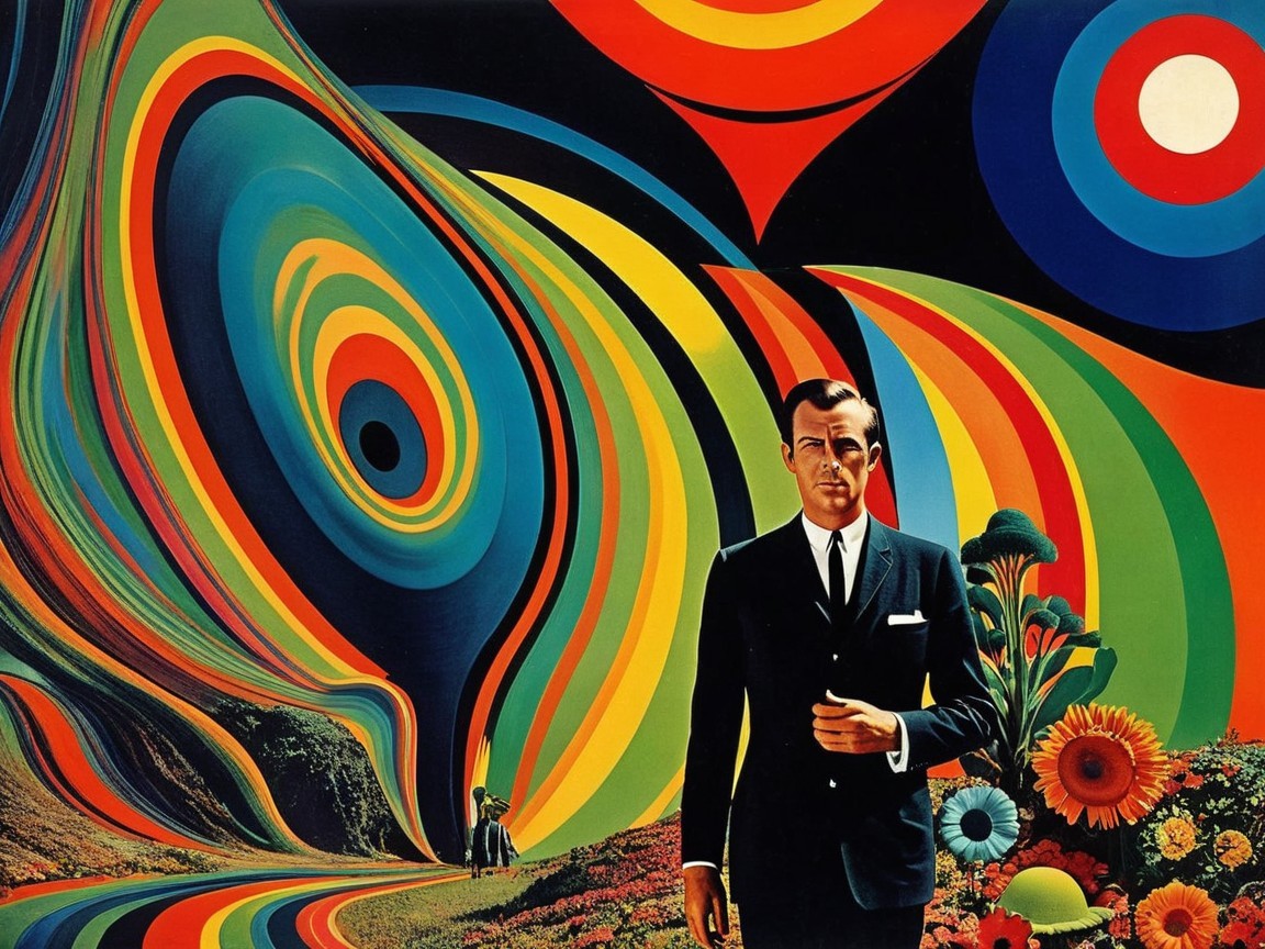 Stylized Figure in Suit Against Abstract Colorful Background