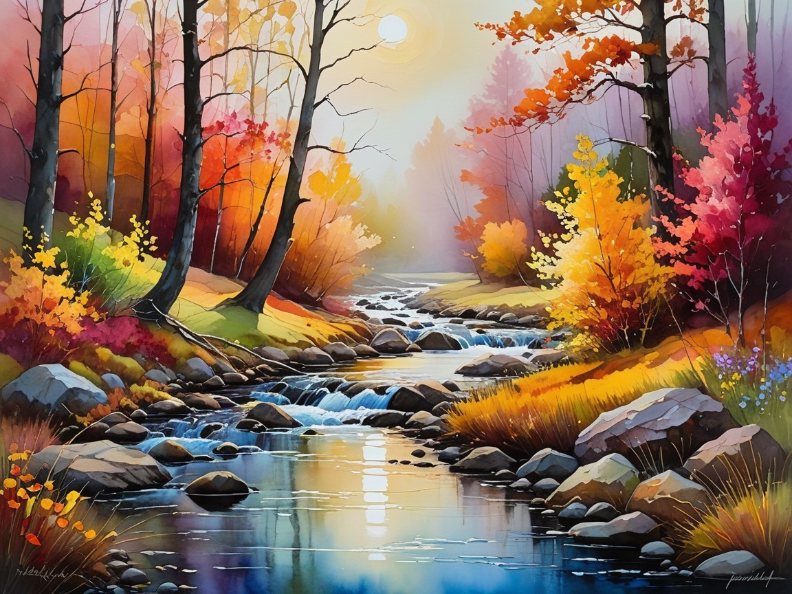 Autumn Landscape with Vibrant Trees and Stream